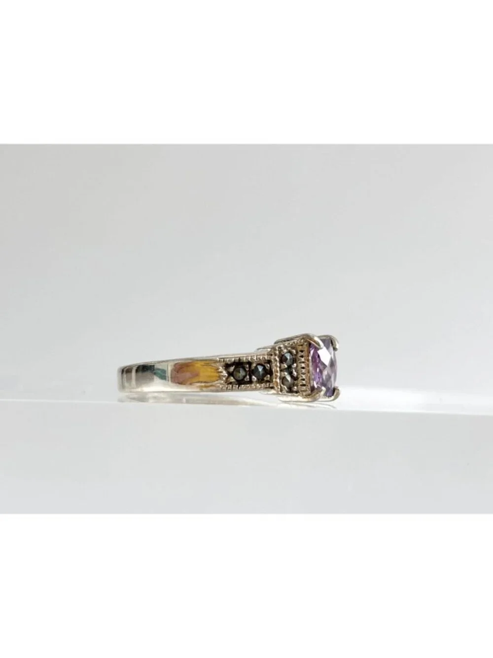 Art Deco Amethyst Gemstone Marcasite Sterling Silver 925 Vintage Ring - sz 9